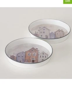 Boltze 2er-Set: Tabletts "Houses" In Grau/ Beige - Ø 28 Cm