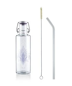 Soulbottles Set: Trinkflasche "Just Breathe" In Lila - 600ml + Soulstraw + Strawbrush