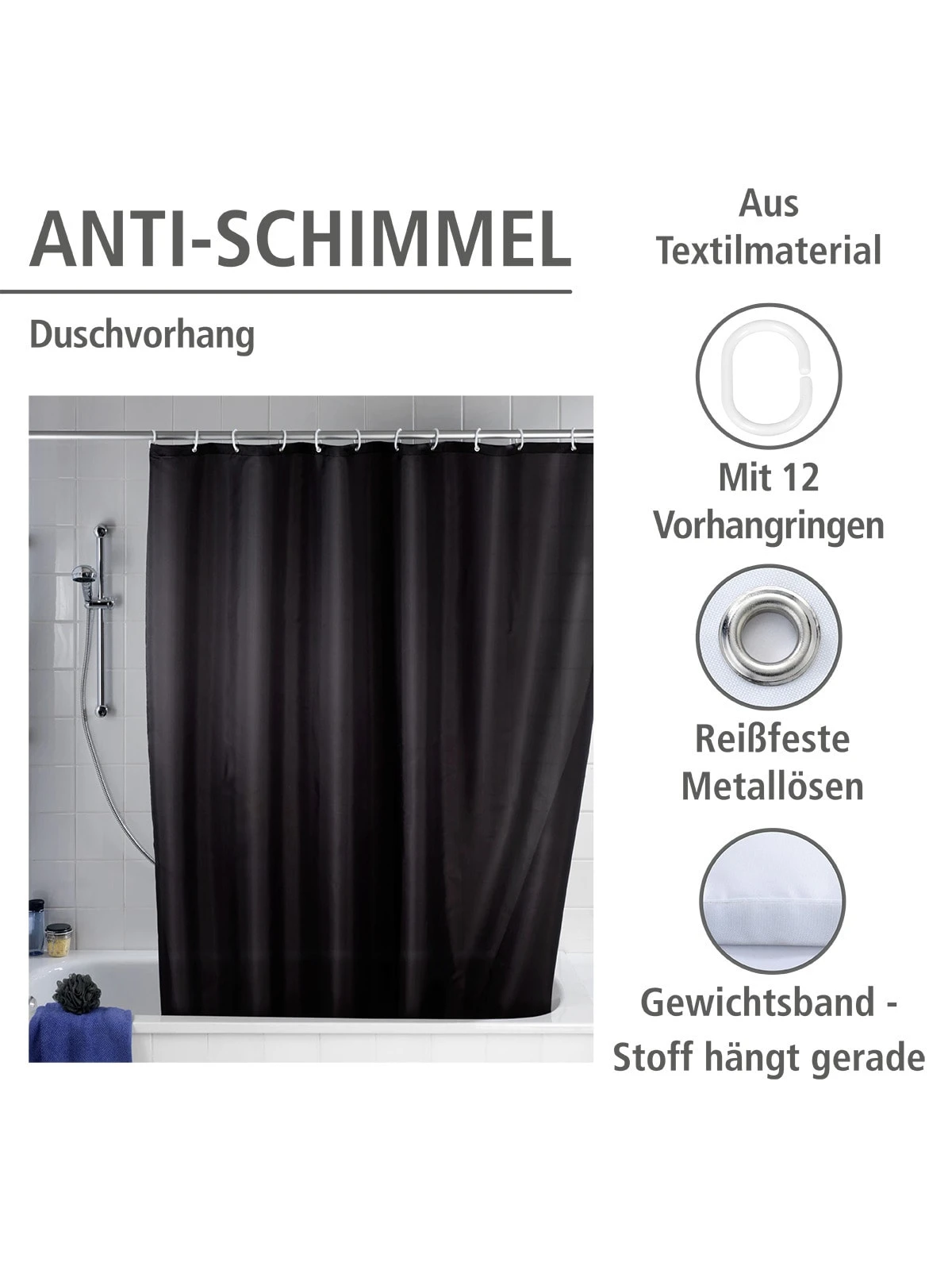 Wenko Anti-Schimmel Duschvorhang Uni Black In Schwarz 9 Wenko Anti-Schimmel Duschvorhang Uni Black In Schwarz – Bild 9
