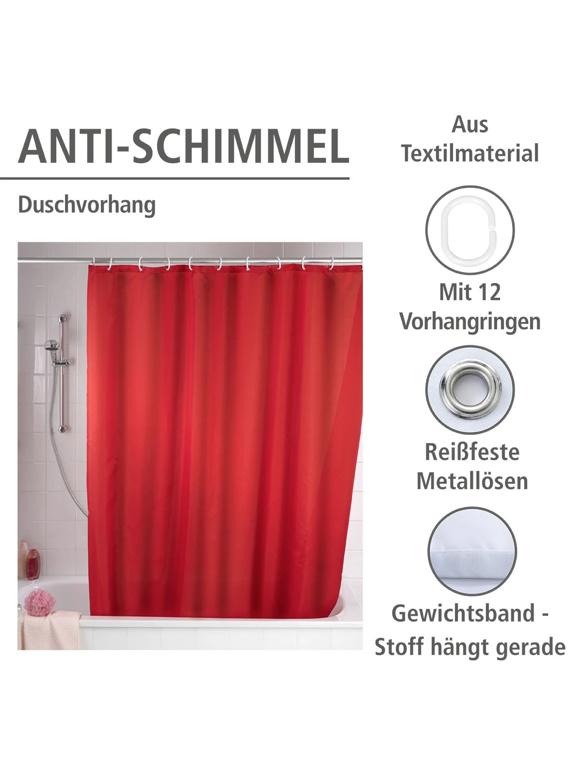 Wenko Anti-Schimmel Duschvorhang Uni Red In Rot 2 Wenko Anti-Schimmel Duschvorhang Uni Red In Rot – Bild 2