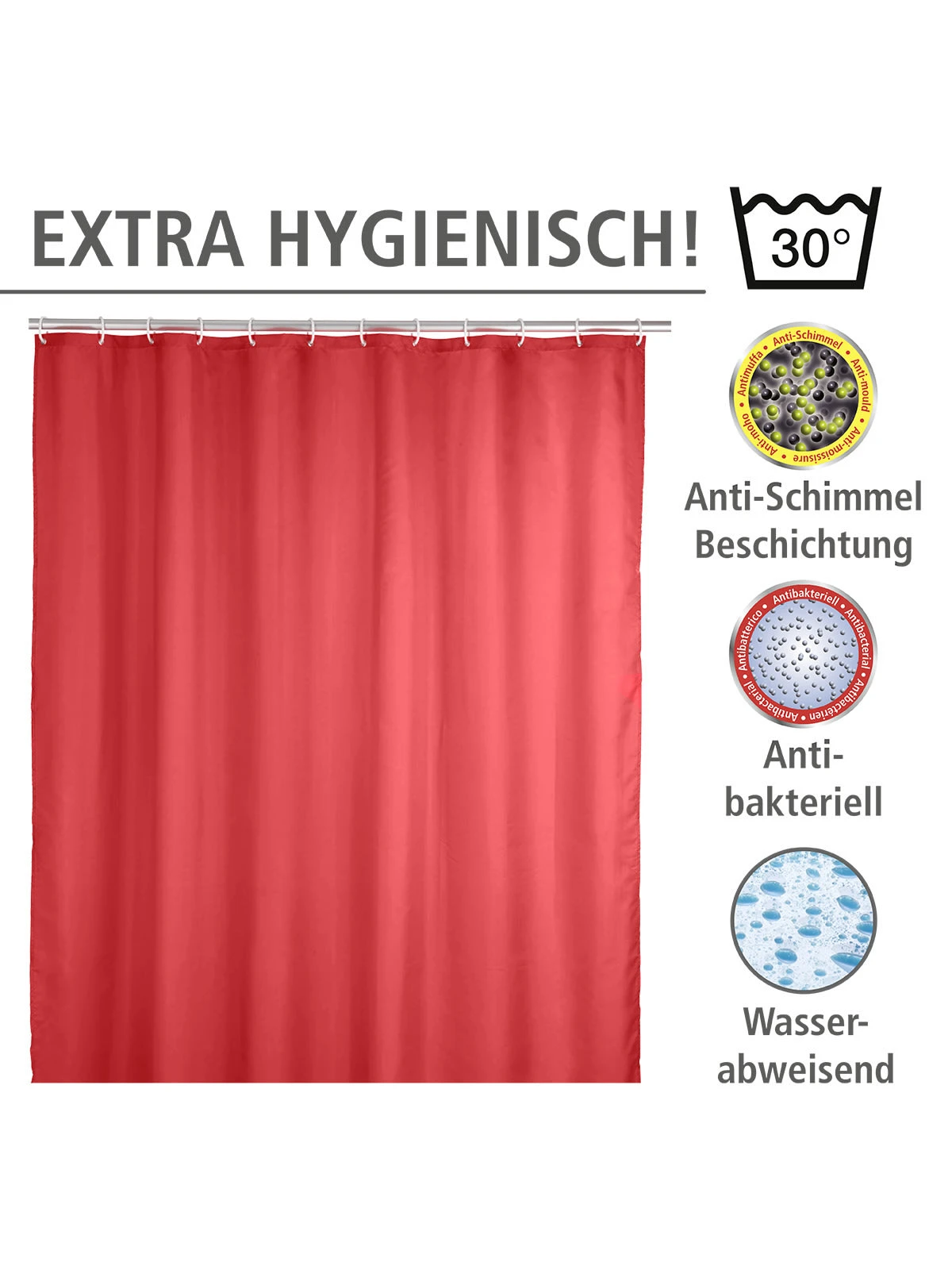 Wenko Anti-Schimmel Duschvorhang Uni Red In Rot 3 Wenko Anti-Schimmel Duschvorhang Uni Red In Rot – Bild 3