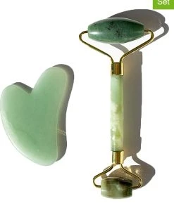 Zoë Ayla 2tlg. Set: Gua Sha-Stein Und Gesichtsmassageroller "Jade" In Grün